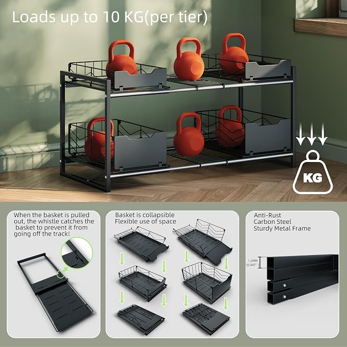 NETEL Adjustable Under Sink Organizers and Storage,Expandable Cabinet Storage Shelf with 4 Pull Out Baskets