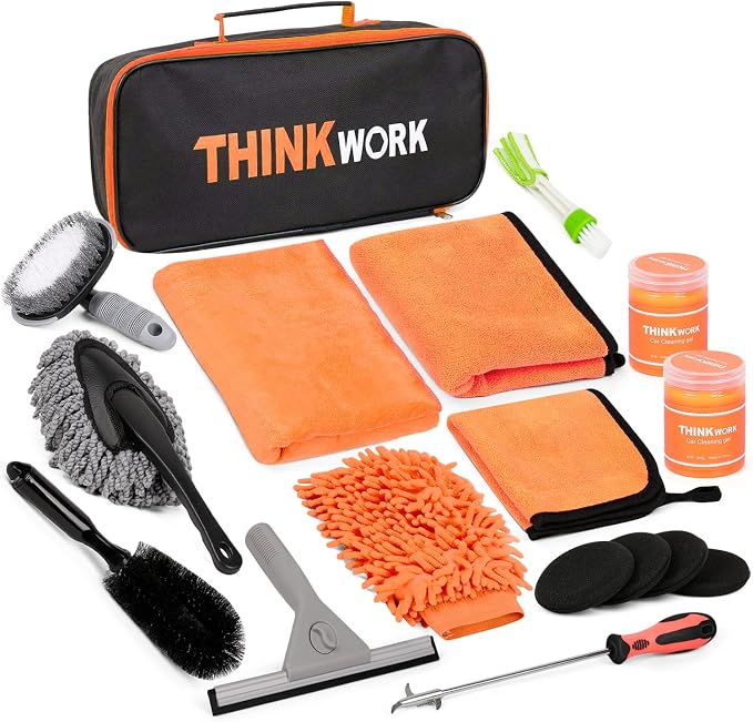 THINKWORK Car Detailing Kit, Microfiber Cleaning Tools with Storage Bag | Scratch-Proof Microfiber, 17Pcs Complete Set, Fits Most Vehicles, Dual Interior & Exterior Use, Orange, Ideal Gift
