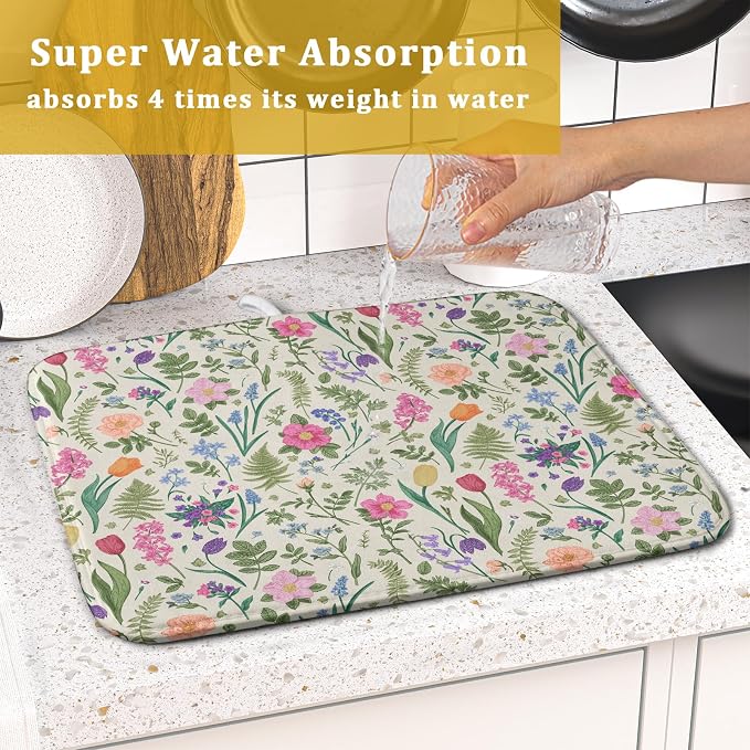 Spring Floral Dish Drying Mat for Kitchen Counter 16x18 Pink Sage Green Flower Vintage Botanical Print Absorbent Reversible Microfiber Drying Mats Kitchen Countertop Protector Dishes Drainer Rack Pad