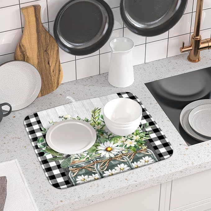 Spring Summer White Daisy Flowers Dish Drying Mat for Kitchen Counter Daisy Spring Flowers Dish Drying Mat 16x18 Inch Absorbent Reversible Microfiber Protector Drainer Mat Dishes Pad for Countertops