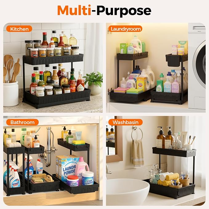 Sevenblue 3 Pack Multi-Purpose Pull-Out Storage Organizers, 2-Tier L-Shaped Under Sink/Cabinet Organizers and Storage for Bathroom & Kitchen, (Black, 12.85 Inches)