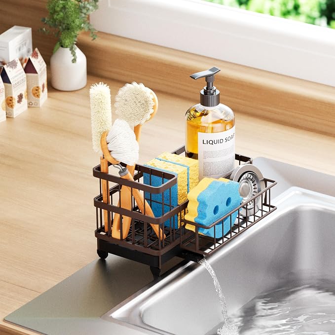 Consumest Sponge Holder for Kitchen Sink - Auto Draining Sink Caddy Organizer with Detachable Rack, High Brush Holder, Kitchen Countertop Storage Accessories, Bronze