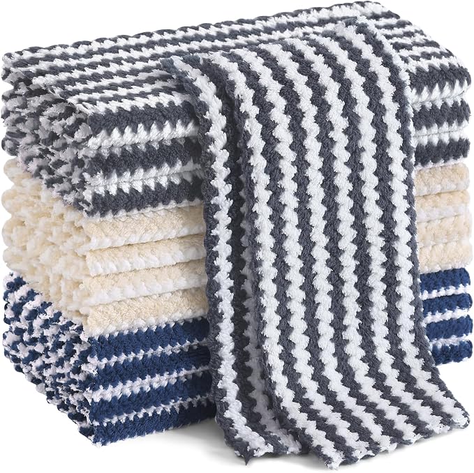 Homaxy 12 Pack Kitchen Dish Cloths, Ultra Soft and Absorbent Dish Towels, Reusable Fast Drying Microfiber Cleaning Cloth, Coral Velvet Wave Design No-lint, 10 x 10 inches, Dark Grey/Navy Blue/Beige