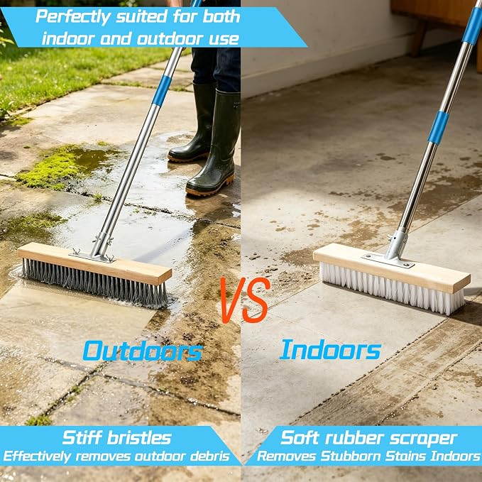 LINMAGOCO Stainless Steel Wire Scrub Brush with 63" Long Handle,12IN Outdoor Garden Broom, with a Wire Brush and a Soft Bristle Brush for Garden, Patio, Garage, Moss,Algae,Grime Remover