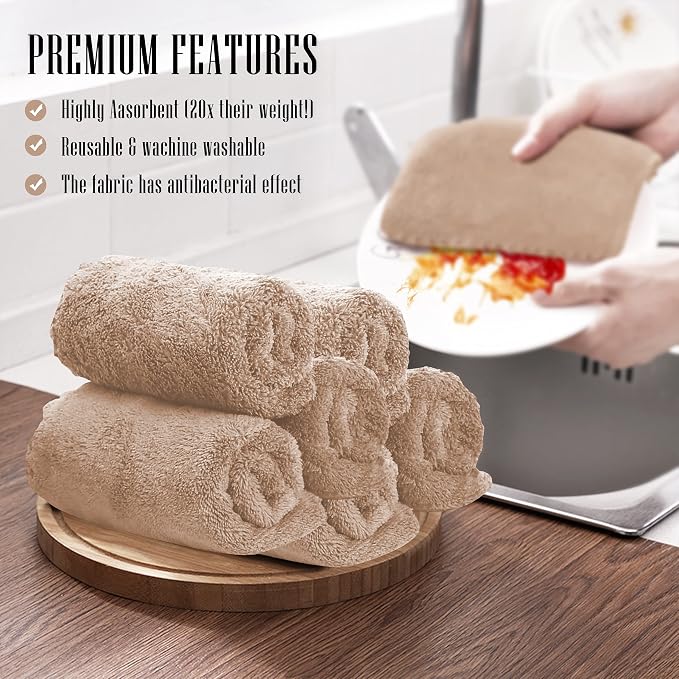 Sunny zzzZZ 24 Pack Kitchen Dishcloths - Does Not Shed Fluff - Reusable Dish Towels, Dish Cloths, Super Absorbent Coral Fleece Cleaning Cloths, Nonstick Oil Washable Fast Drying, 10 x 20 Inch (Brown)