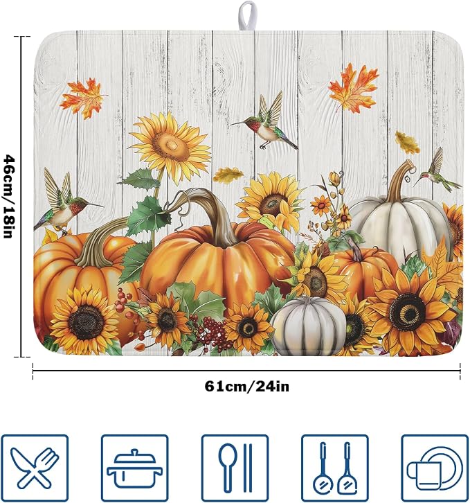 Autumn Harvest Pumpkin Dish Drying Mat for Kitchen Counter Sunflower Maple Leaves Fall Dish Drying Mat 18”x24” Thanksgiving Dishes Pad Dish Drainer Rack Mats Absorbent Fast Dry Kitchen Accessories