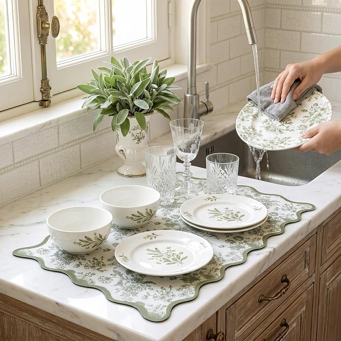 Sage Green Floral Chinoiserie Dish Drying Mat 12"x20" Scalloped Absorbent Coffee Mat Cuttable Hide Stain Non-slip Drying for Kitchen Counter Coffee Maker Espresso Machine