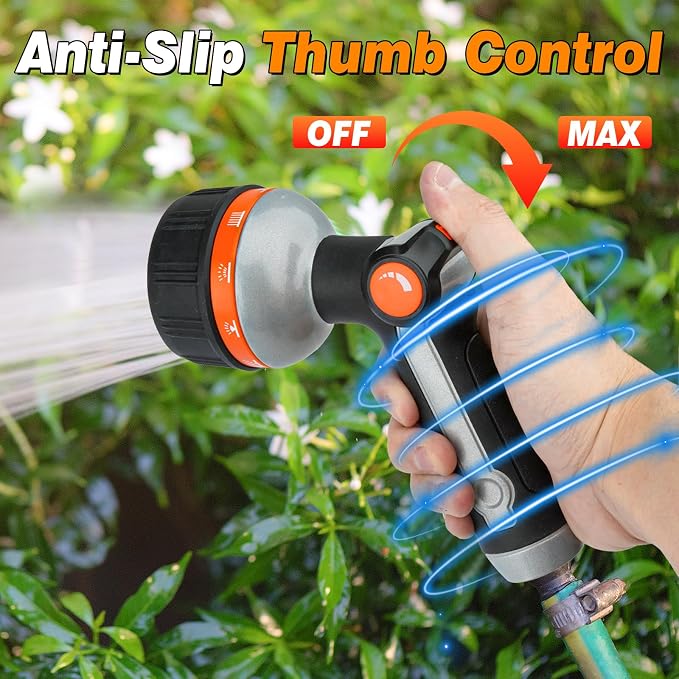 BIBURY Garden Hose Nozzle Sprayer, Heavy Duty Metal with 10 Spray Patterns | High Pressure, Thumb Flow Control, On/Off Valve, Leak Proof, Ideal for Watering Plants, Lawns, Car & Pet Washing