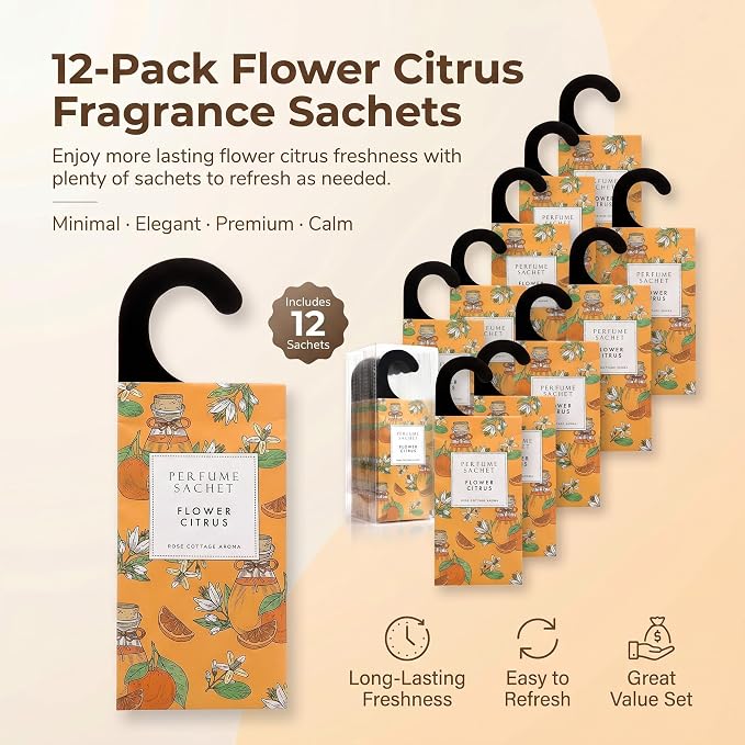 Large 12 Packs Flower Citrus Hanging Scented Sachets Long-Lasting Closet Deodorizer Air Freshener Fabric Refresher Odor Eliminator for Drawer Home Fragrance Gift Set
