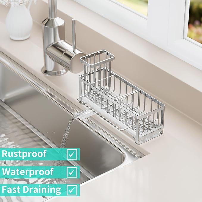 HapiRm Sponge Holder for Kitchen Sink - Self-draining Sink Caddy with Brush Holder and Dishcloth Holder, Stainless Steel Kitchen Organizer - Silver