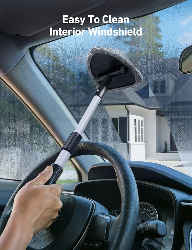 AstroAI 21" Extra-Long Windshield Cleaner Tool, Car Interior Detailing Cleaning Kit with Extendable Handle and 4 Upgraded Reusable Microfiber Pads, Auto Glass Wiper Brush Kit for Cars, Gray