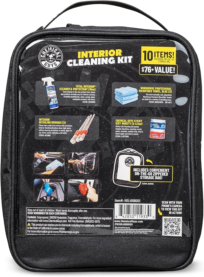 Chemical Guys, 10-Piece Interior Cleaning Kit, Cleaner, Brushes, Gel & Bag | Reaches vents, seams and screens most sprays miss, a complete set to detail every surface, and a solid gift
