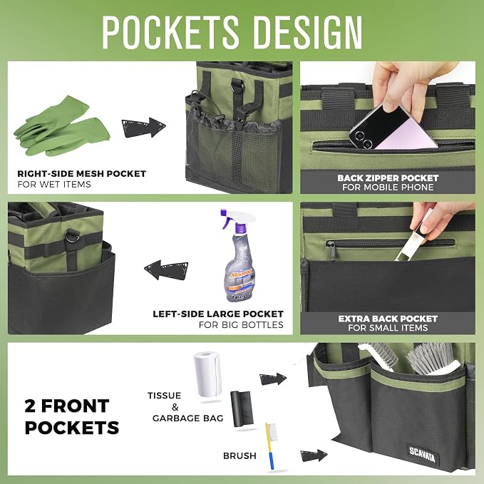 SCAVATA Compact Wearable Cleaning Caddy with Handle & Shoulder Straps | Small Cleaning Supplies Organizer, Under Sink & Car Cleaning Tools Storage Bag for Housekeepers Cleaners, Armygreen