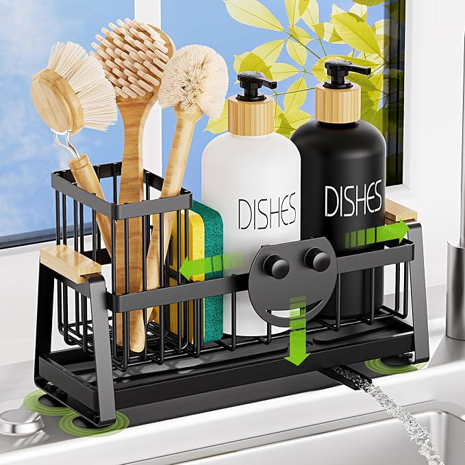 Sponge Holder for Kitchen Sink, Sink Caddy Organizer with Dish Brush Holder, Sink Organizer Rack with Suction Cups, Smiley Face Sponge Caddy Self Drain for Soap Dispenser Storage Accessories