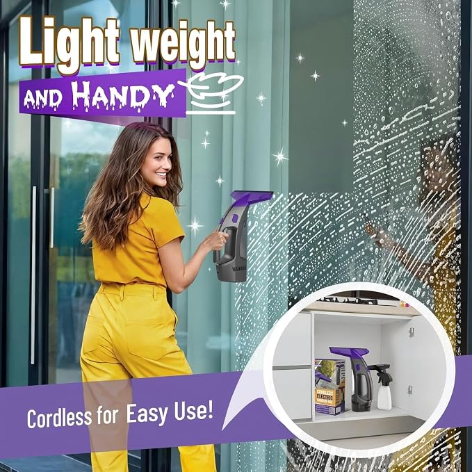 Window Vacuum Squeegee Cordless, 2000Pa Electric Window Cleaner Tool with Spray Bottle & Microfiber Pad, Handheld Window Cleaning Kit for Streak-Free Glass, Shower Doors, Mirrors, Tiles, Car Windows