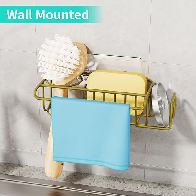 HapiRm Sponge Holder for Kitchen Sink, No Drill Kitchen Sink Caddy Organizer, Rustproof Dish Sponge Holder- Gold(8.73 * 3.54 * 2.36in)