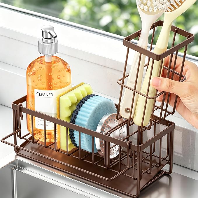 Sponge Holder for Kitchen Sink, Kitchen Sink Caddy, Kitchen Sink Sponge Holder, Dish Sponge Holder, Kitchen Sink Organizer for Sponge, Dish Brush, Scrubber(9.65" x 3.74" x 6.3", Brown)