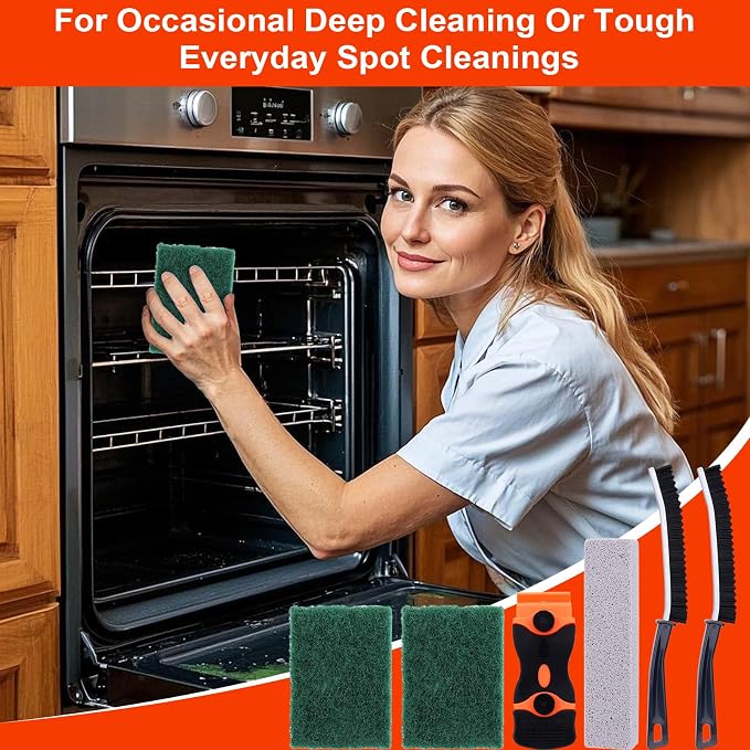 Palksky Heavy Duty Oven Cleaner Tools, Oven Cleaning Accessories, Oven Cleaning Kit with Crevice Cleaning Brush, Razor Blade Scraper, Pumice Stone, Cleaning Rags