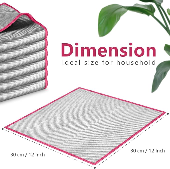 Airlab Glass Polishing Streak Free Miracle Cleaning Cloth, Sliver-Pink | Lint Free Microfiber Cleaning Rags for Glasses Kitchen Dish Mirrors Easy Clean, 12 x 12 Inches, Pack of 6