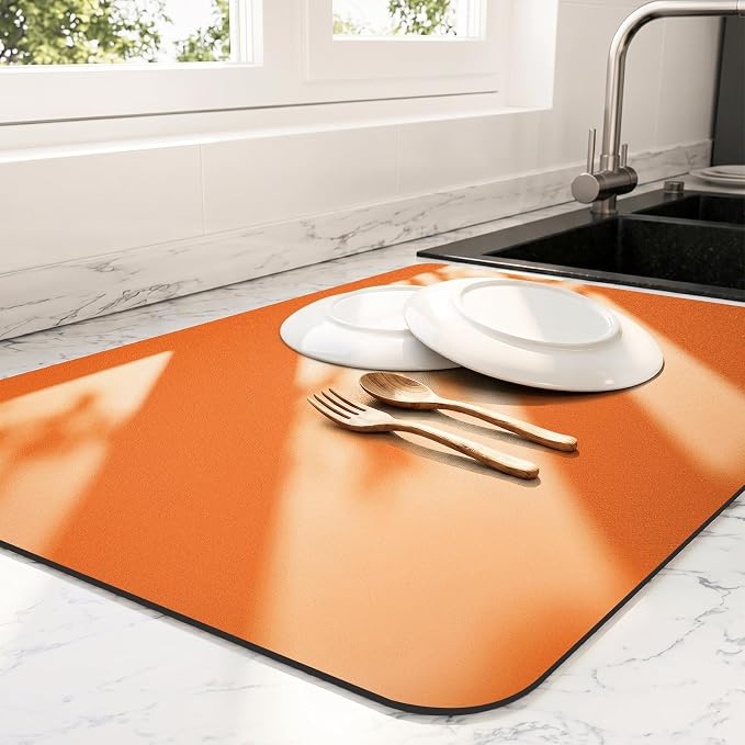 Ecotrim - Dish Drying Mat for Kitchen Counter | Coffee Bar Mat for Countertops | Heat Resistant Drainer Mat with Non-slip Rubber Backed | Hide Stain Kitchen Absorbent Draining Mat | Orange 18"x24"