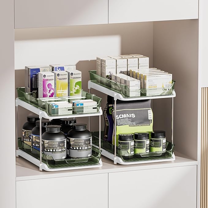 Delamu 2-Tier Multi-Purpose Bathroom Under Sink Organizers and Storage, Stackable Kitchen Pantry Organization, Pull Out Medicine Cabinet Organizer with Movable Dividers, Light Green, 4 Pack