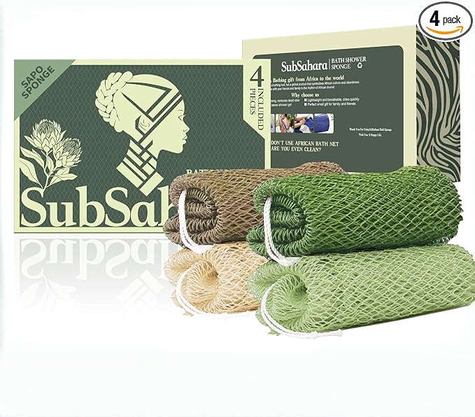 SubSahara Authentic African Net Sponge - 4 Pack Exfoliating Bath & Shower Loofah Sponge for Body & Face, Gentle Scrubber for All Skin Types, Travel, Durable