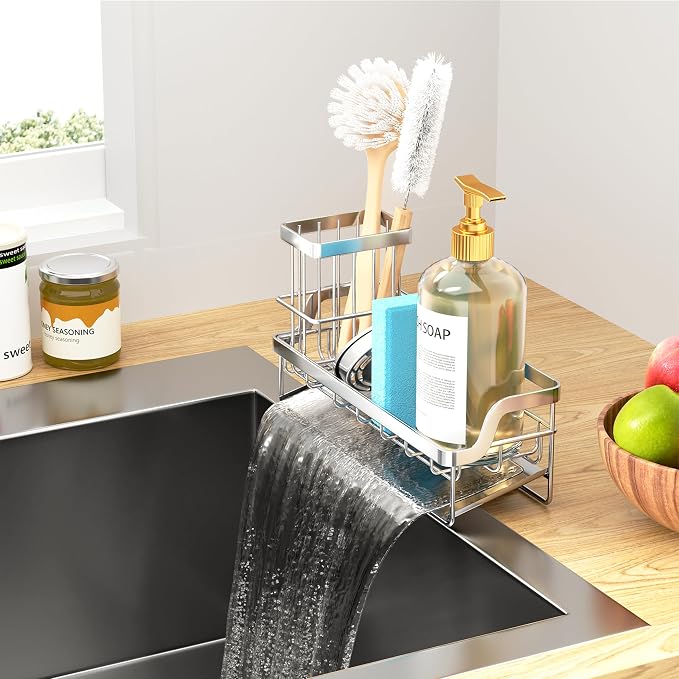 Consumest Sponge Holder for Kitchen Sink - Sink Caddy with Stainless Steel Self Drain Tray, Sink Organizer with High Brush Holder Countertop for Kitchen Sink Accessories, Silver