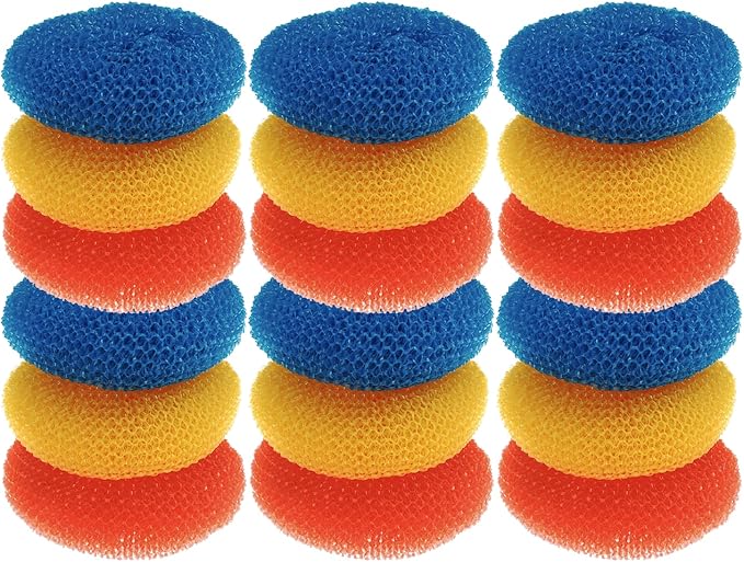 LOLA Plastic Mesh Scouring Pads - 18 Pack, 3.375" x 1.25", Non-Scratch Scrubbers to Clean Dishes, Assorted Colors - 1 Red, 1 Blue & 1 Yellow