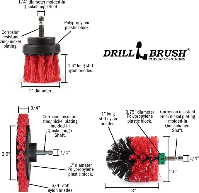 Deck Cleaning Brush Set - Brick and Stone Outdoor Scrubber Kit | Red Stiff 3 Piece Outdoor Power Scrubber Brush Kit - Garden Patio Scrubbing Tool - Concrete Scrubbing Tool Set