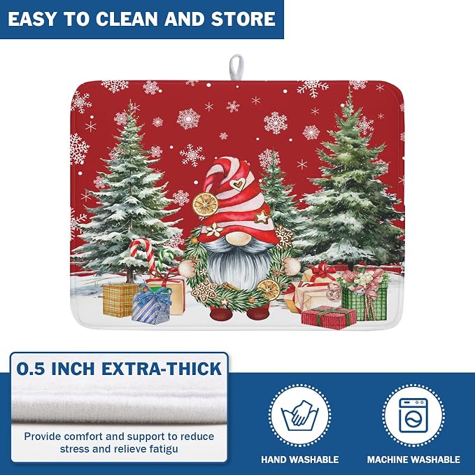 Christmas Dish Drying Mat for Kitchen Counter, Merry Christmas Dish Drying Mat 18 x 24 Inch Xmas Gnomes Absorbent Reversible Microfiber Dish Drying Pad Kitchen Drying Mat for Coffee Bar