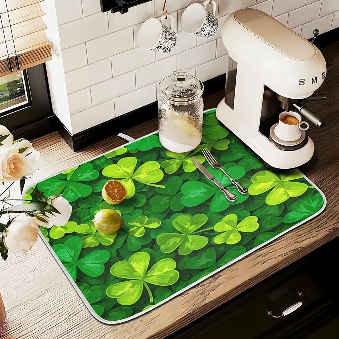 Patricks Day Shamrocks Lucky Clover Leaves Dish Drying Mat for Kitchen Counter Absorbent Microfiber Small Drying Pad Dish Mats for Kitchen Countertops 16 x 18 Inch