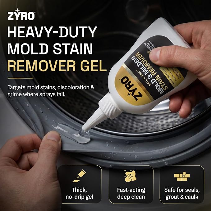 Zyro Mold Stain Remover Gel | Heavy Duty Mold & Mildew Stain Remover | Tile, Grout & Caulk Cleaner | Front Load Washing Machine Seal Cleaner | Bathroom Shower Cleaner | 7 Oz