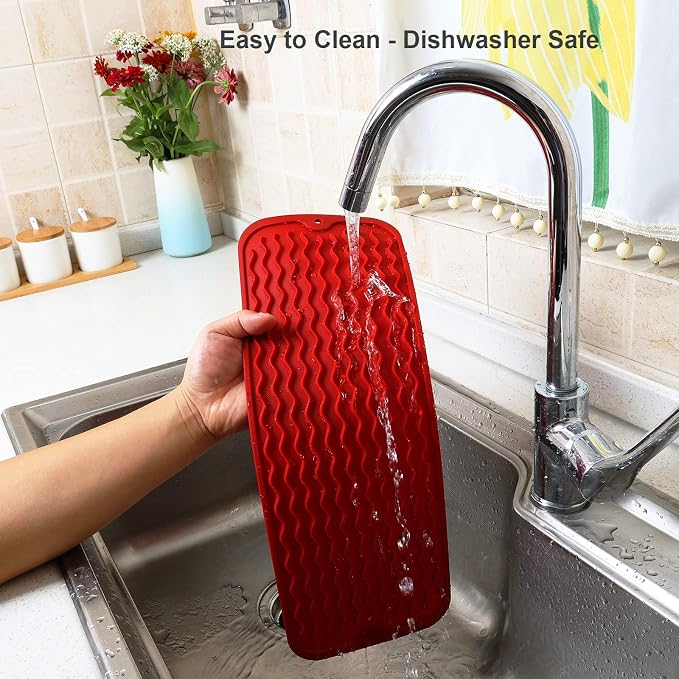 ZLR Small Dish Drying Mat (6" x 17" / 153 x 433mm) - Narrow Silicone Drainer for Kitchen Counter, Apartment & RV - Compact Sponge Holder & Sink Caddy Tray, Non-Slip Food-Grade Silicone (Lava Red)