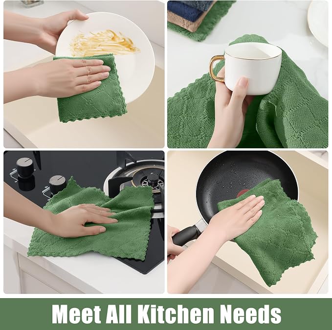 Homaxy Kitchen Towels and Dishcloths Set, 10 x 10 and 13 x 19 Inches, Set of 12 Super Soft and Absorbent Coral Velvet Kitchen Towels, No Lint and Nonstick Oil Fast Drying Dish Towel, Grass Green
