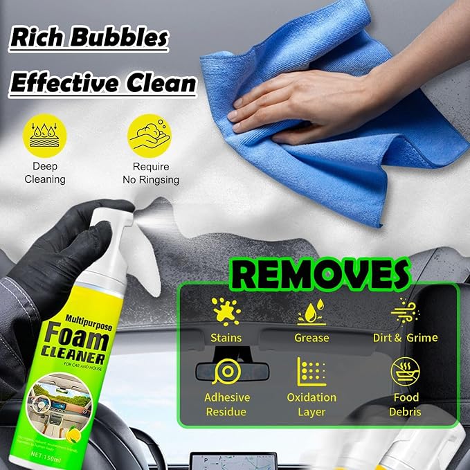 Car Interior Cleaner Foam - Car Dashboard, Seat, Carpet, Upholstery Cleaner, Auto Interior Detailing Spray Leather Vinyl Plastic Cleaner - Remove Stain & Grime & Grease - 150ml