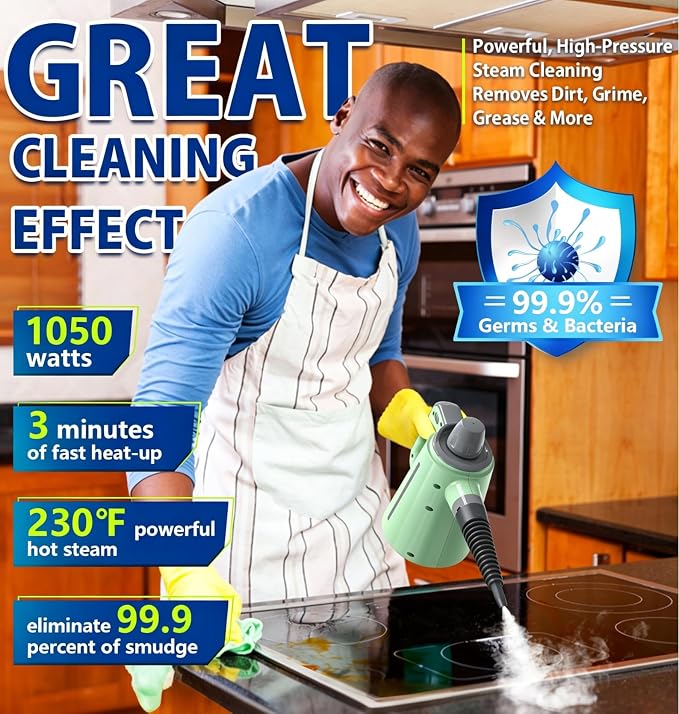 Handheld Steam Cleaner, Chemical-Free Pressurized Steamer for Home Cleaning with 10 Accessories, High Temp Steam Cleaner, 380ML Tank, 9.8FT Cord for Bathroom, Kitchen, Grout, Tile, Window&Car
