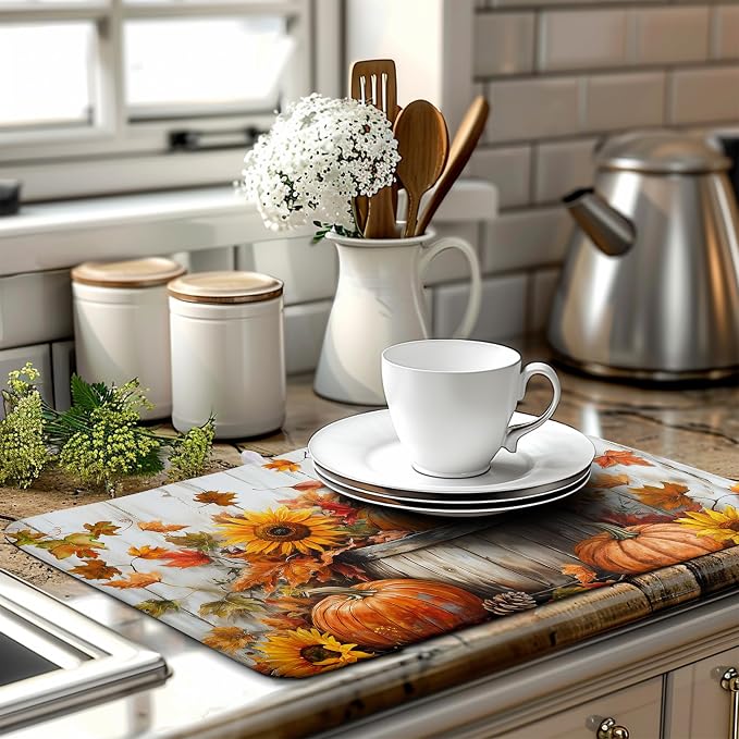 Fall Dish Drying Mat for Kitchen Counter Pumpkin Sunflower Maple Leaf Birds Drying Mats Autumn Thanksgiving Harvest Dish Drainer Mat Absorbent Microfiber Dishes Pad Large 18x24 Inch