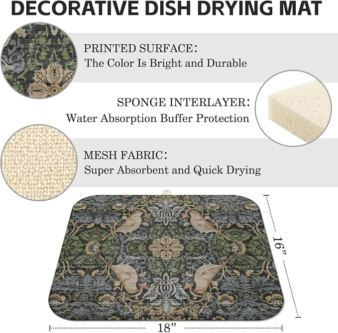 Boho Dish Drying Mat for Kitchen Counter,Vintage Bird & Botanical Floral Farmhouse Absorbent Microfiber Reusable Washable Non-Slip Dish Drainer Draining Mats Dishes Pad for Kitchen Decor 18x16 Inch