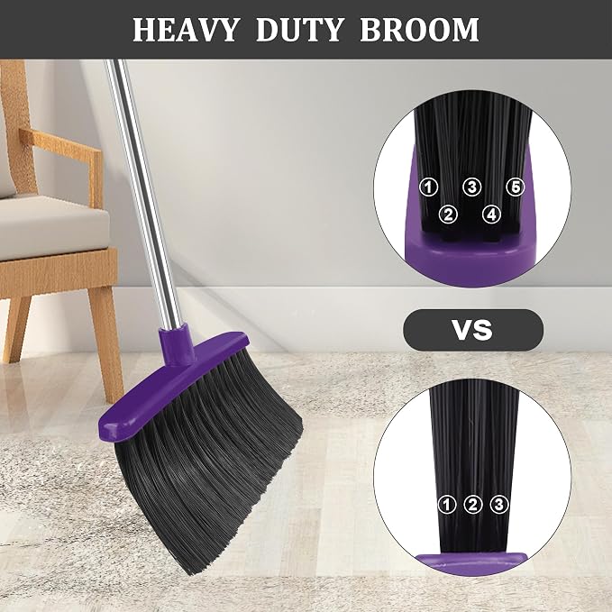 Broom and Dustpan Set, 51" Long Handle Broom with Dustpan Combo Set, Windproof and Self-Cleaning Teeth, Purple Household Dust Pan Set Sweep Kitchen Office Lobby Pet Room