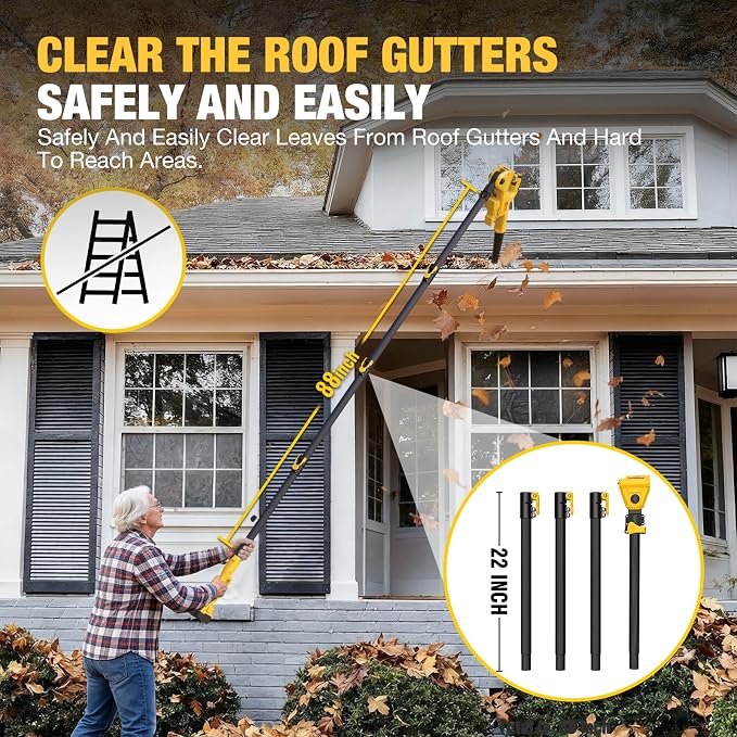 Roof Gutter Cleaning from The Ground, 2-in-1 Cordless Pole Leaf Blower, Handheld & Extension Blower, for Dewalt 20V Battery, Adjustable Angle Nozzle, for Roof, Yard & Patio Cleaning（Tool Only）