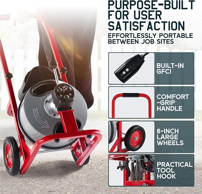 Albott 50 FT x 3/8 inch Electric Drain Cleaner Machine with Auto-Feed & 10 Cutters, Sewer Snake Auger for 1–4 Inch Pipes, Foot Switch & Wheels, Ideal for Home & Commercial Use, Gray/Red