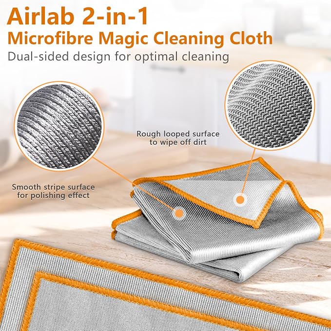 Airlab Glass Polishing Streak Free Miracle Cleaning Cloth, Sliver-Orange | Lint Free Microfiber Cleaning Rags for Glasses Kitchen Dish Mirrors Easy Clean, 12 x 12 Inches, Pack of 6
