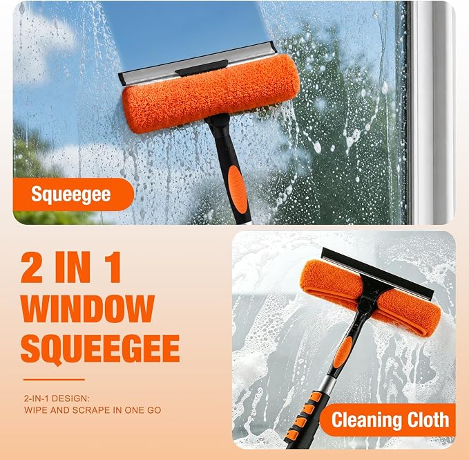 LAANPOLE 26FT Window Squeegee with Extension Pole, 2-in-1 Squeegee for Window Cleaning, Professional Cleaning Kit for Home with 20FT Telescoping Pole for Outdoor Indoor Use
