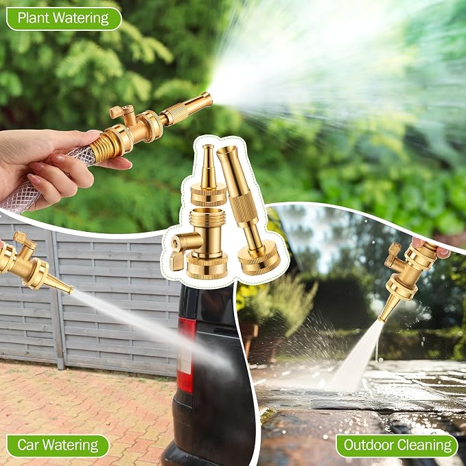 4 Pcs Brass Hose Nozzle Kit, Adjustable Twist Garden Hose Nozzle with High Pressure Jet Spray, Brass Shut off Valve, 10 Rubber Washers, 3/4 Inch Ght for Watering Plants, Car Wash, Cleaning