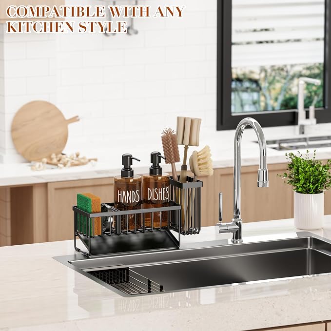 MASADI Kitchen Dish Soap Dispenser Set with Sponge Holder, 12OZ Glass Bottle, Hand and Dish Soap Dispenser Set, Non-Slip Silicone Pad, Brush Holder, Kitchen Sink Organizer Countertop (Black+Amber)