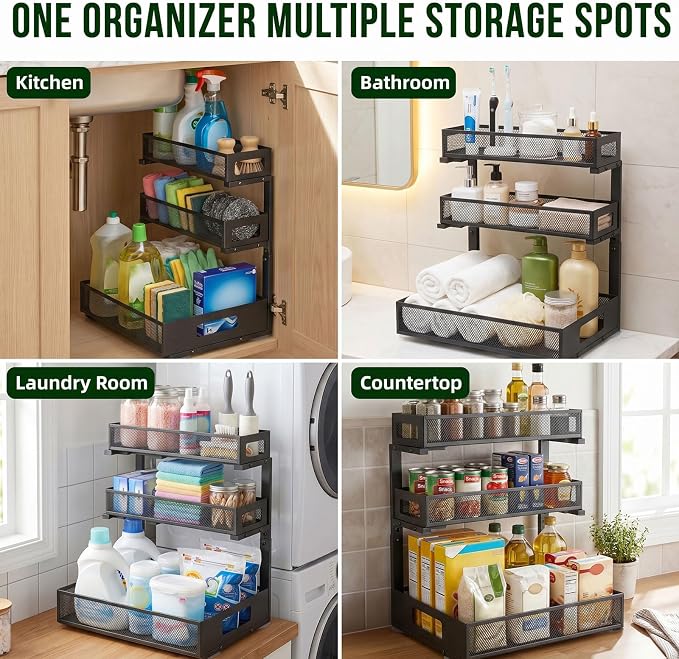 3 Tier Under Sink Organizer,2 Pack Pull Out Cabinet Shelves with Adjustable Height,Heavy Duty Carbon Steel L-Shaped Storage for Kitchen Bathroom Sink,Pantry & Laundry,Black