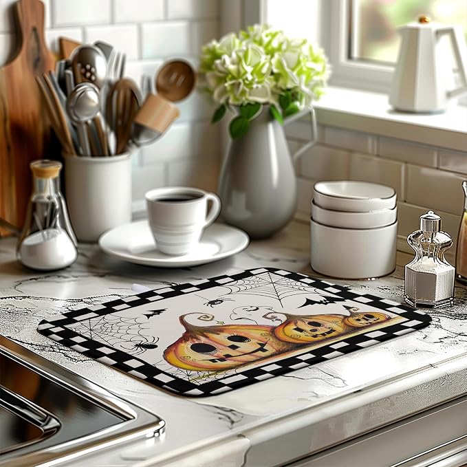 Halloween Kitchen Drying Mats for Dishes 16x18 In Orange Pumpkin Ghost Dish Drying Mat Black Bat Spiders Web Buffalo Plaid Dish Rack Mat Absorbent Microfiber Drying Pad for Kitchen Counter