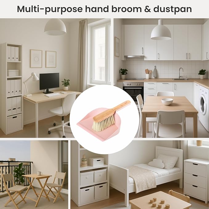 Vigar Zeroline Mini Bamboo Broom with Dustpan Combo Set, Pink | Small Dust Pan and Brush Set, for Dust, Pet Hair, Car, and Crumb, House, Kitchen Broom