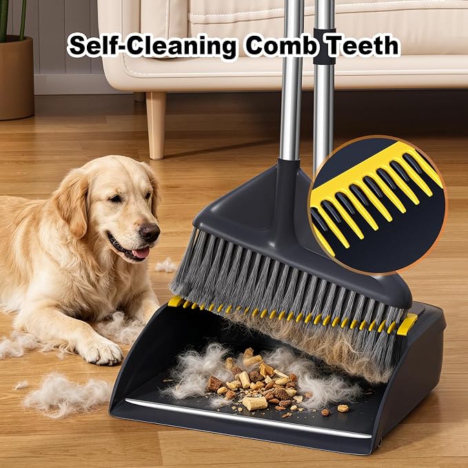 Broom and Dustpan Set with 52" Long Handle | Stand Up Dustpan with No Warping Metal Edge, 4-Layer Flagged-Tip Bristles, Hair Cleaning Teeth for Home, Kitchen & Office