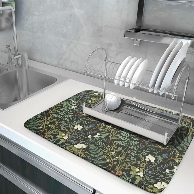 Green Plants Dish Drying Mat for Kitchen Counter Microfiber Absorbent Dish Draining Reusable Washable Foldable Extra Large 18"x24"
